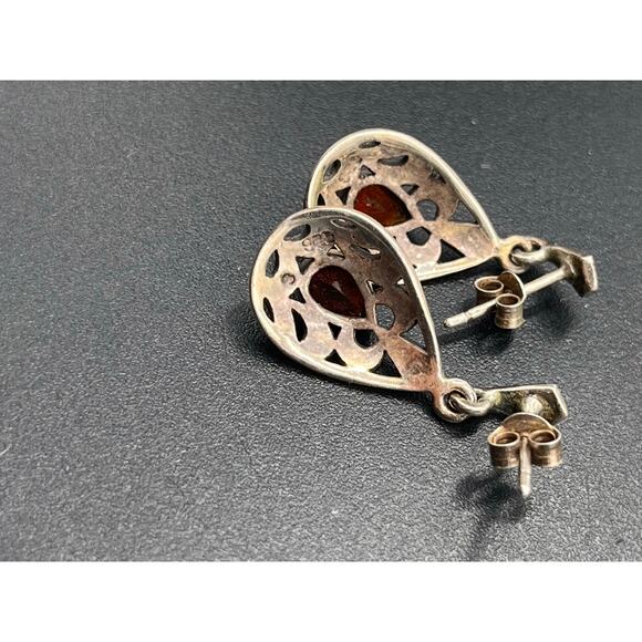 Vintage Sterling Silver Marcasite Red Stone Dangle Earrings India 6.4 grams - Picture 6 of 8